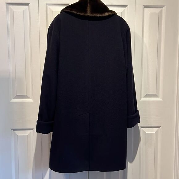 Steilmann Navy Wool Blend Coat With Brown Faux Fur Collar Size 10 - Picture 8 of 13